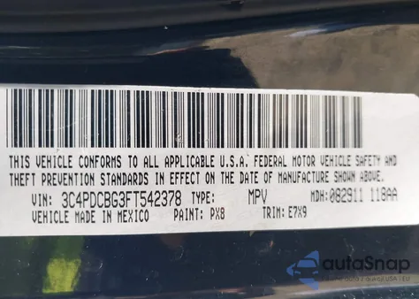 2015 Dodge Journey Sxt from USA, damaged, VIN 3C4PDCBG3FT542378